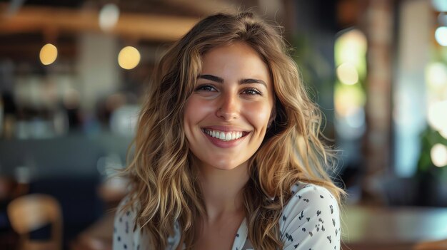 Retrato em close-up de uma bela jovem com cabelos longos e ondulados Ela está sorrindo e olhando para a câmera