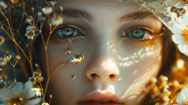 Retrato em close-up de uma bela jovem com flores no cabelo Ela está olhando para a câmera com uma expressão serena