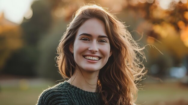 Retrato em close-up de uma bela jovem com longos cabelos castanhos sorrindo Ela está vestindo uma camisola verde O fundo é borrado e fora de foco