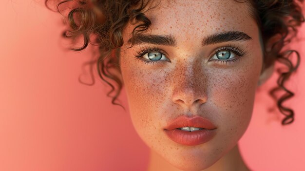 Retrato em close-up de uma bela jovem com sardas e olhos azuis Ela tem um sorriso suave no rosto e está olhando para a câmera