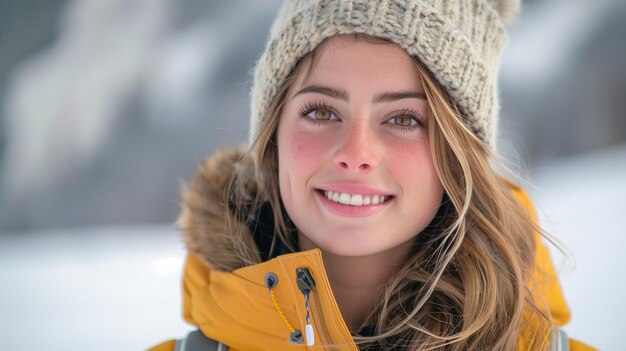 Retrato em close-up de uma bela jovem em roupas de inverno ao ar livre