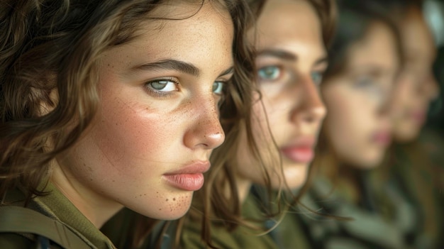 Foto retrato em close-up de uma bela jovem em uniforme militar com reflexo no espelho