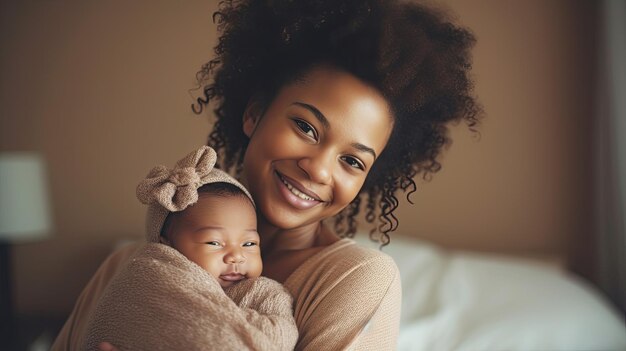 Foto retrato em close-up de uma bela jovem mãe afro-americana segurando um bebê recém-nascido no estúdio cuidados de saúde amor médico afro-mulher negra estilo de vida peito do dia das mães com espaço de cópia