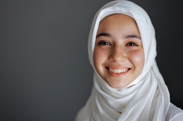 Retrato em close-up de uma bela jovem muçulmana com hijab branco