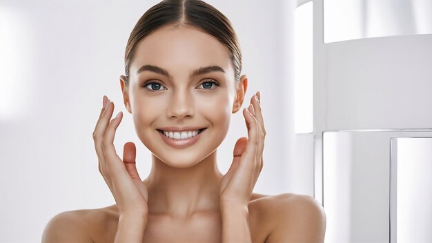 Retrato em close-up de uma bela jovem sorrindo tocando cosméticos de cuidados com a pele limpa e saudável