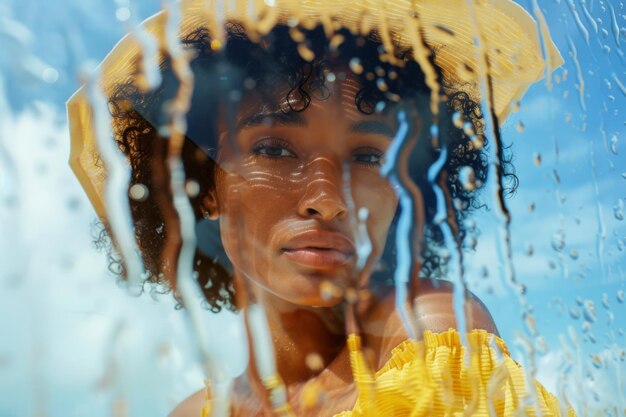 Retrato em close-up de uma bela mulher afro-americana em fato de banho e chapéu amarelo