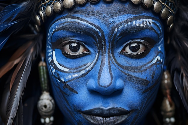 Retrato em close-up de uma bela mulher indiana com maquiagem azul