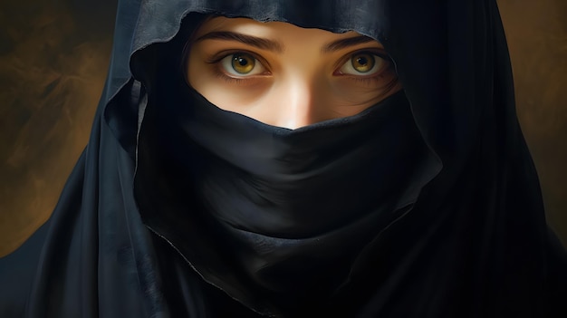 Retrato em close-up de uma bela mulher muçulmana de hijab preto e niqab com olhos verdes