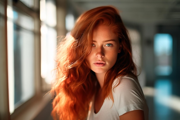 Retrato em close-up de uma bela mulher ruiva fotografada sob a luz do sol