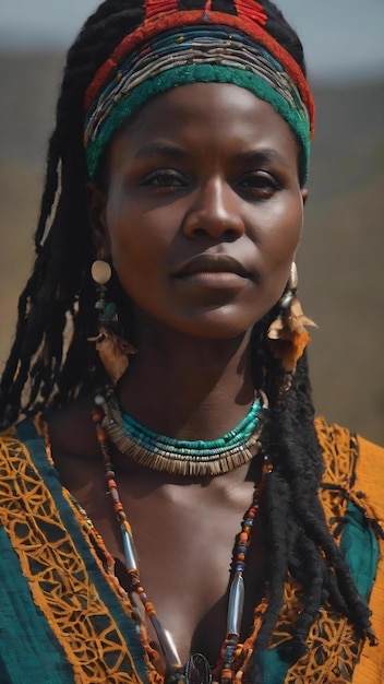 Retrato em close-up de uma bruxa de uma tribo indígena africana vestindo trajes tradicionais