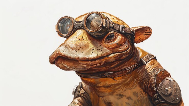 Foto retrato em close-up de uma criatura fantástica com óculos de proteção e armadura de couro contra um fundo branco