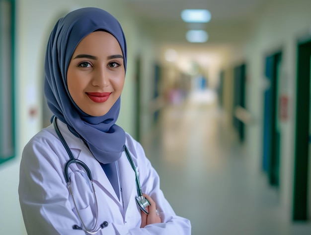 Retrato em close-up de uma enfermeira muçulmana amigável, sorridente e confiante, autêntica, confiante, trabalhadora de saúde do Oriente Médio, enfermeira árabe de meia-idade e idosa, usando hijab sobre um fundo isolado.