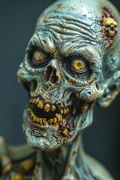 Foto retrato em close-up de uma escultura detalhada de zumbis com olhos amarelos assustadores e expressão aterrorizante