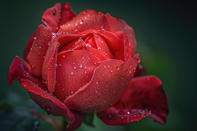 Retrato em close-up de uma flor de rosa vermelha com orvalho em suas pétalas