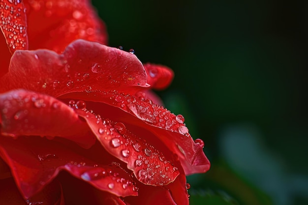 Retrato em close-up de uma flor de rosa vermelha com orvalho em suas pétalas