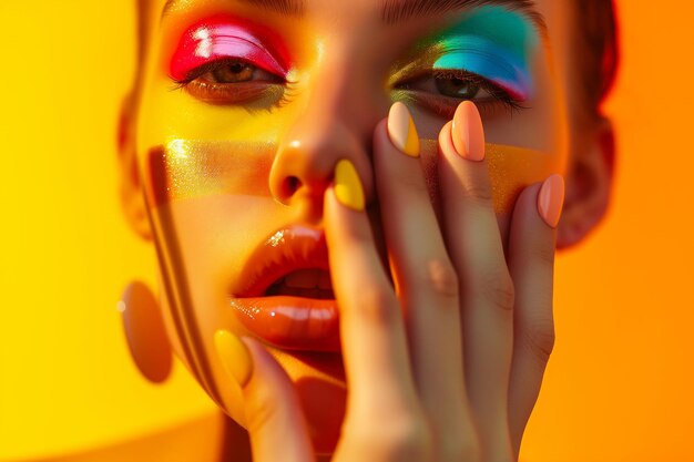 Foto retrato em close-up de uma garota bonita com maquiagem brilhante e uma mão com unhas coloridas