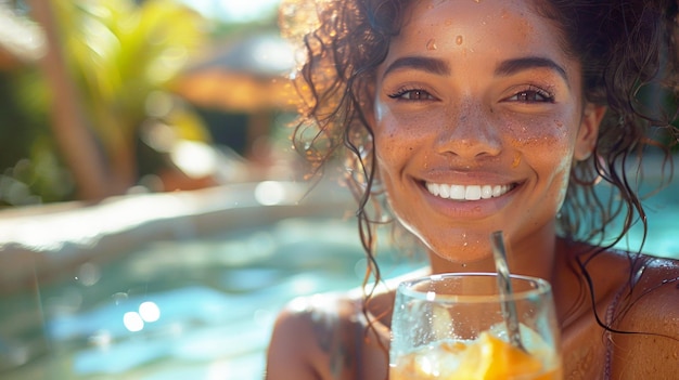 Retrato em close-up de uma jovem afro-americana bebendo suco de laranja fresco na piscina