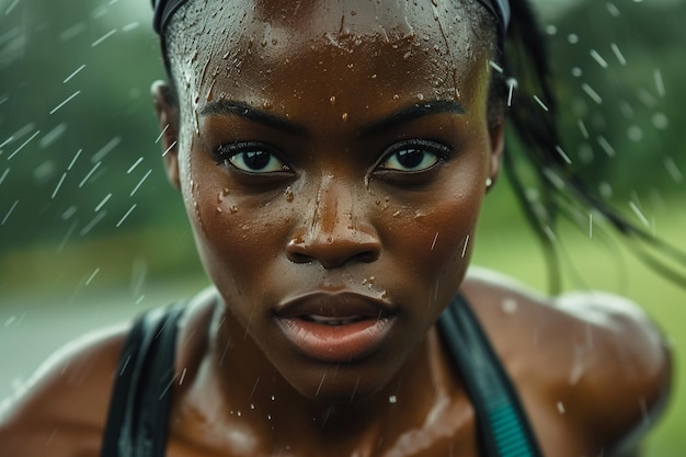 Retrato em close-up de uma jovem afro-americana sob a chuva com IA gerada