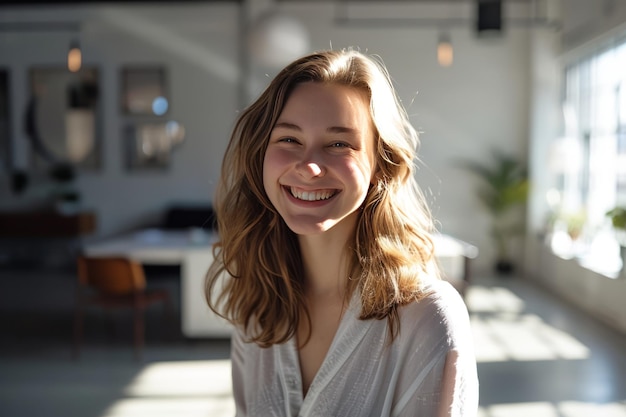 Retrato em close-up de uma jovem bela mulher sorridente com cabelos longos sentada em um escritório brilhante com um