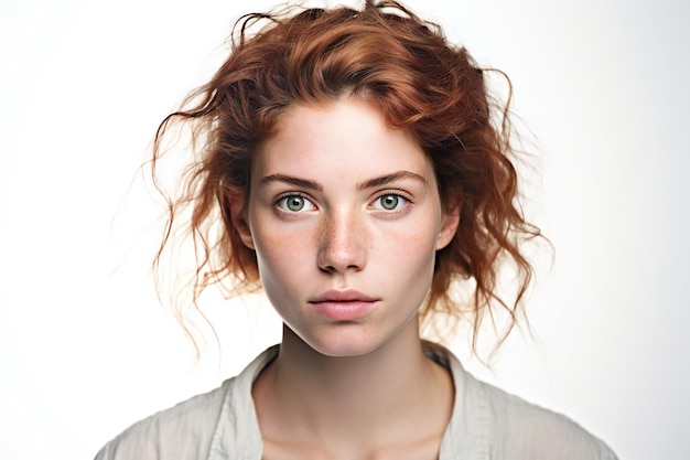 Retrato em close-up de uma jovem com cabelo vermelho em fundo branco