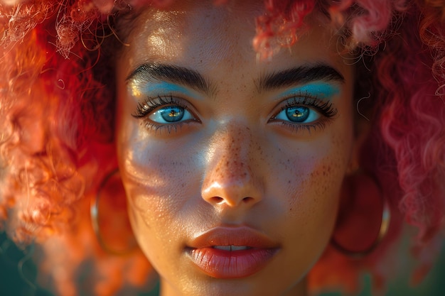 Retrato em close-up de uma jovem com olhos azuis impressionantes e cabelo vermelho enrolado