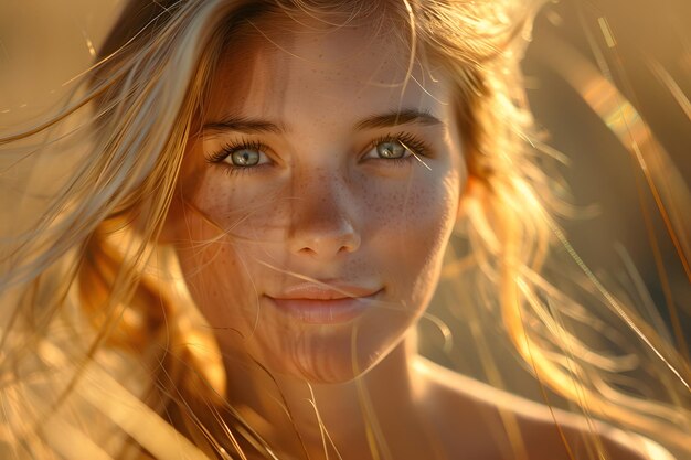 Retrato em close-up de uma jovem com sardas em luz dourada