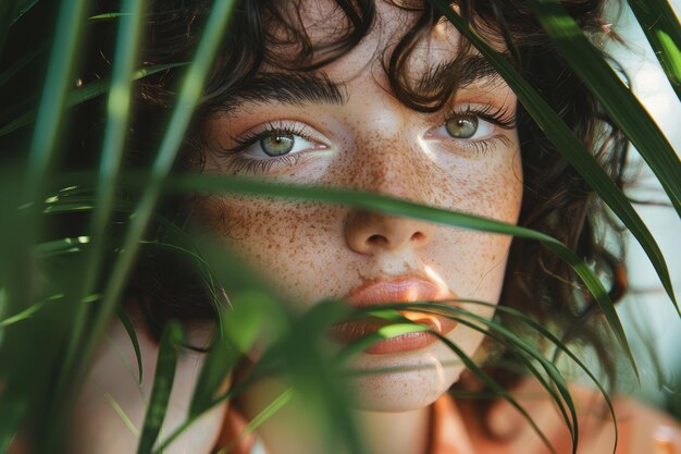 Foto retrato em close-up de uma jovem com sardas em meio a folhagem verde com cabelos encaracolados e maquiagem natural