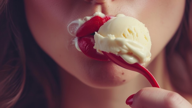 Retrato em close-up de uma jovem comendo uma colher de sorvete de baunilha com lábios vermelhos