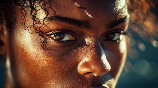 Retrato em close-up de uma jovem confiante com a luz do sol lançando um brilho quente em sua pele radiante