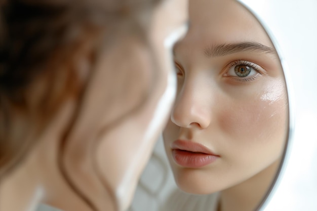 Retrato em close-up de uma jovem e bela mulher a cuidar da pele do rosto