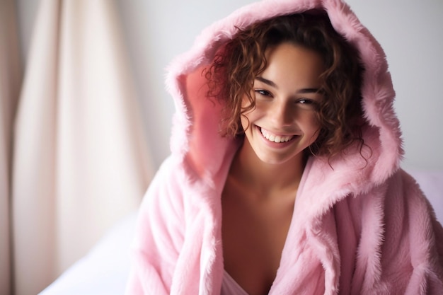 Retrato em close-up de uma jovem jovem em um roupão de secagem cor-de-rosa caprichoso jovem linda sorrindo