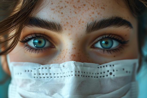 Retrato em close-up de uma jovem mulher caucasiana com olhos azuis e sardas em uma máscara médica branca