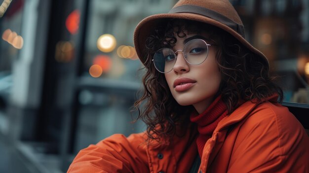 Foto retrato em close-up de uma jovem mulher caucasiana vestindo uma jaqueta laranja, um chapéu castanho e óculos ao ar livre