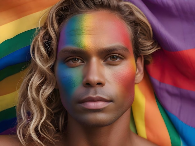 Foto retrato em close-up de uma jovem mulher com a bandeira do arco-íris no rosto