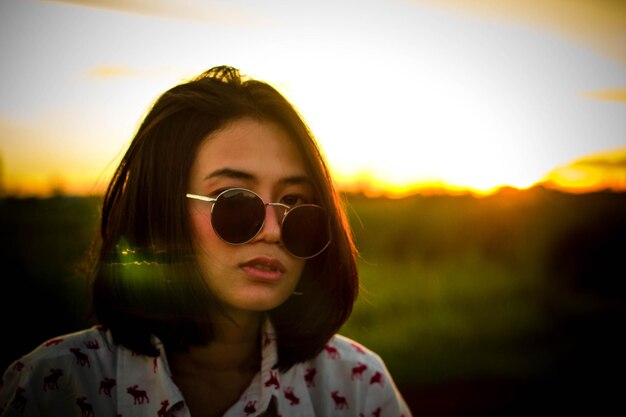 Foto retrato em close-up de uma jovem usando óculos de sol contra o céu laranja