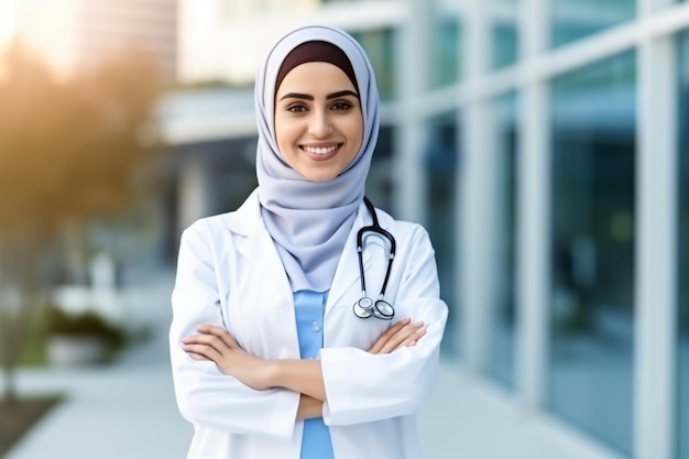 Retrato em close-up de uma médica muçulmana amigavelmente sorridente e confiante