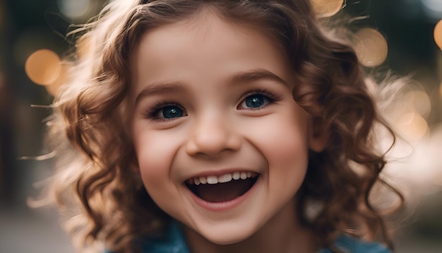 Retrato em close-up de uma menina bonita com cabelos encaracolados na cidade