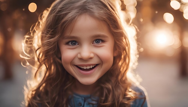 Retrato em close-up de uma menina bonita sorrindo para a câmera ao ar livre