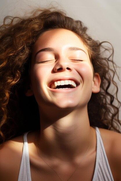 Retrato em close-up de uma menina contra a parede rindo com a cabeça jogada para trás feliz IA generativa