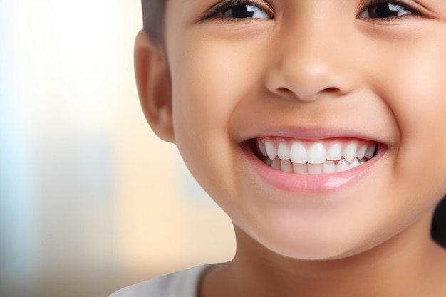 Retrato em close-up de uma menina sorridente com dentes brancos em ambientes fechados Banner mostrando um sorriso perfeito de crianças em close-ups com uma menina feliz exibindo um belo dente de leite branco AI Gerado