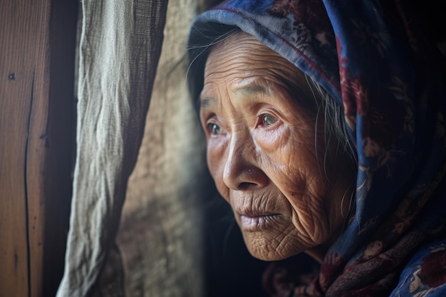 Retrato em close-up de uma mulher asiática idosa Uma mulher asiática mais velha com rugas