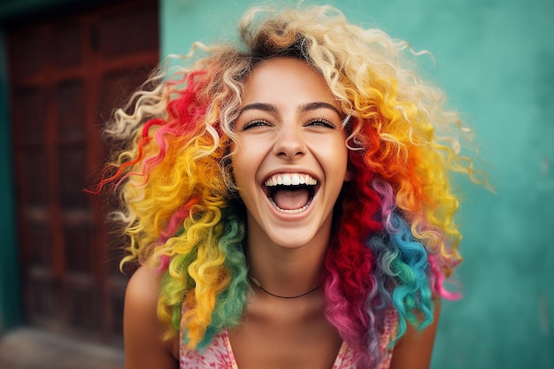 Retrato em close-up de uma mulher com cabelos arco-íris brilhantes colorística de cabeleireiro