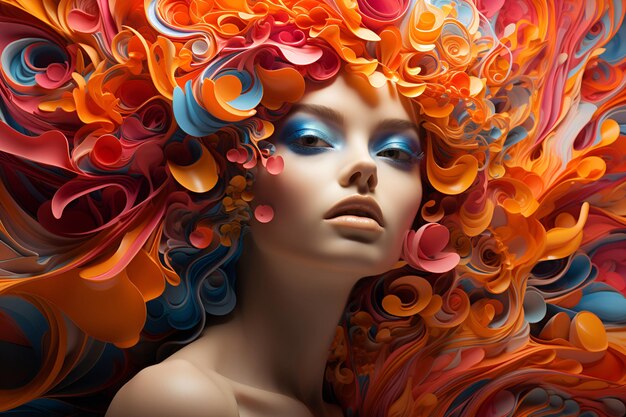 Foto retrato em close-up de uma mulher de primavera com cabelo abstrato surreal feito de arco-íris intrincados cachos