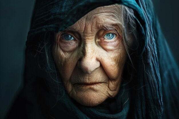 Retrato em close-up de uma mulher idosa com um olhar cheio de histórias envolto em um xale verde