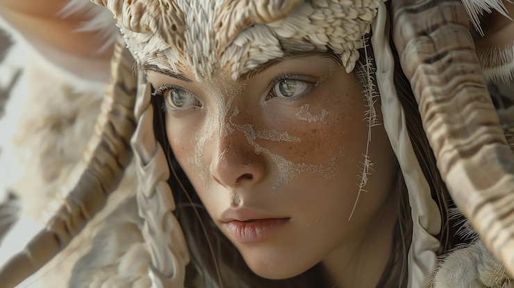 Foto retrato em close-up de uma mulher vestindo um tocado de penas e chifres