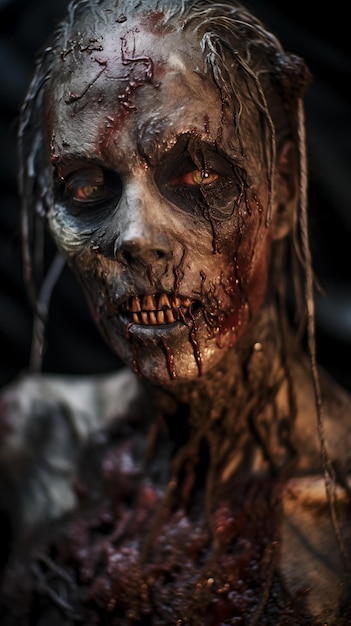 Retrato em close-up de uma mulher zumbi com um rosto horrível e assustador Personagem feminina de suspense fictício futurista do pesadelo de Halloween