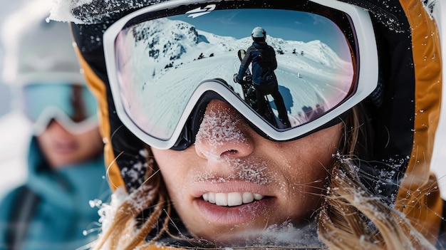 Retrato em close-up de uma snowboarder ou esquiadora usando capacete de proteção e óculos de esqui