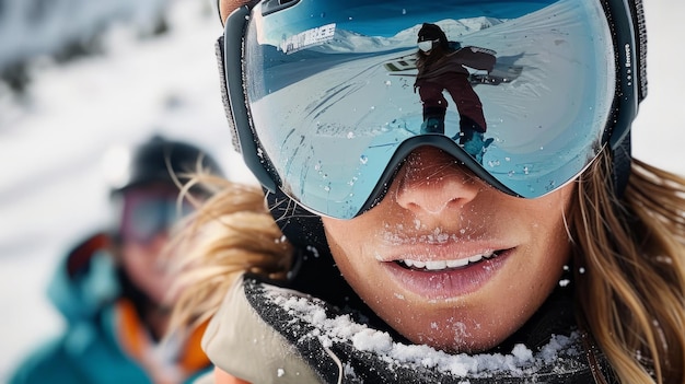 Foto retrato em close-up de uma snowboarder ou esquiadora usando capacete de proteção e óculos de esqui
