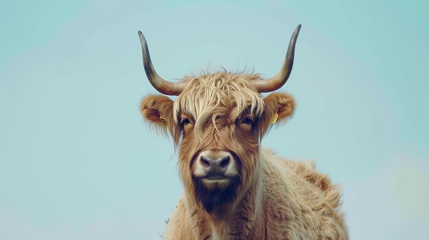 Retrato em close-up de uma vaca das terras altas olhando para a câmera com uma expressão neutra A vaca tem longa pelagem castanha e chifres pretos