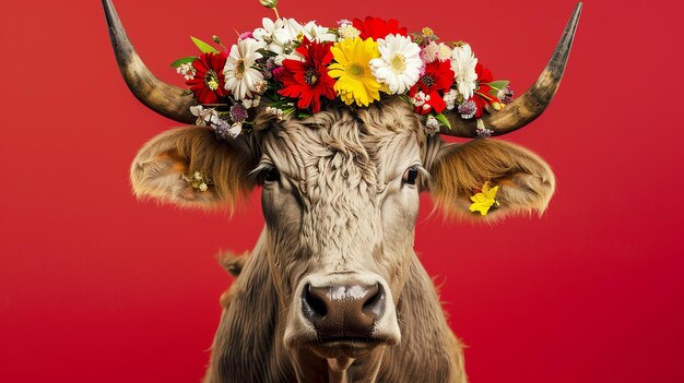 Foto retrato em close-up de uma vaca usando uma coroa de flores a vaca está olhando para a câmera com uma expressão calma o fundo é uma cor vermelha sólida